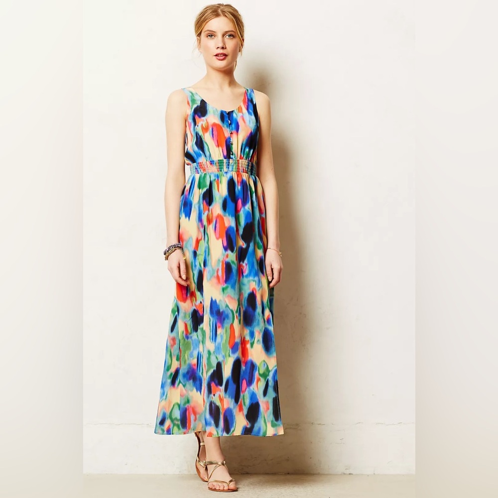 Maeve Aloisia Watercolor Maxi Dress, smocked bodice, front slits, silk design 0